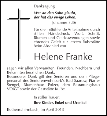 Traueranzeige von Helene Franke von Mitteldeutsche Zeitung Aschersleben