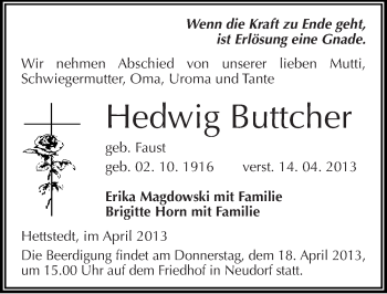 Traueranzeige von Hedwig Buttcher von Mitteldeutsche Zeitung Aschersleben