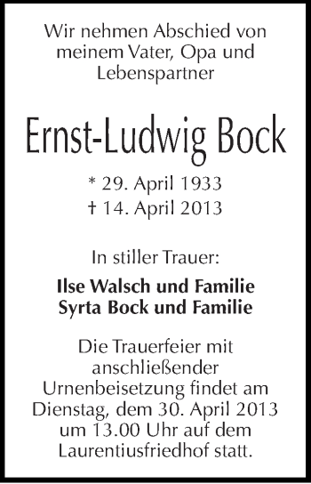 Traueranzeige von Ernst-Ludwig Bock von Mitteldeutsche Zeitung Halle/Saalkreis