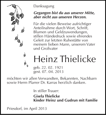 Traueranzeige von Heinz Thielicke von Mitteldeutsche Zeitung Köthen