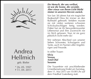 Traueranzeige von Andrea Hellmich von Mitteldeutsche Zeitung Halle/Saalkreis