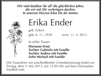 Traueranzeige von Erika Ender von Mitteldeutsche Zeitung Halle/Saalkreis
