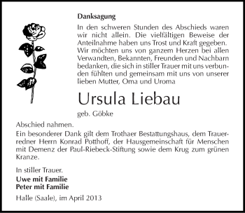 Traueranzeige von Ursula Liebau von Mitteldeutsche Zeitung Halle/Saalkreis