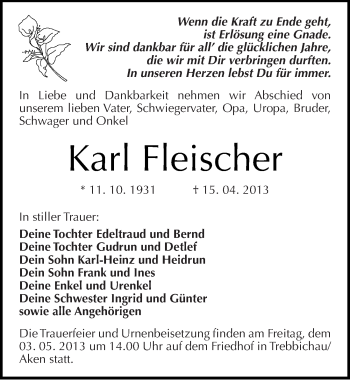 Traueranzeige von Karl Fleischer von Mitteldeutsche Zeitung Köthen