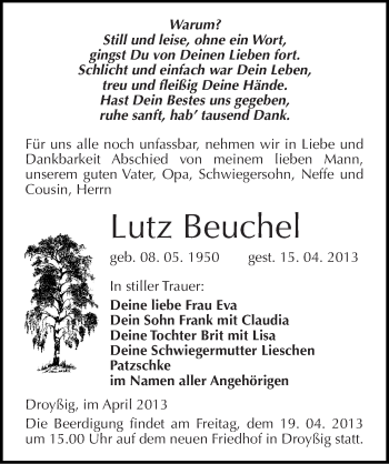 Traueranzeige von Lutz Beuchel von Mitteldeutsche Zeitung Zeitz
