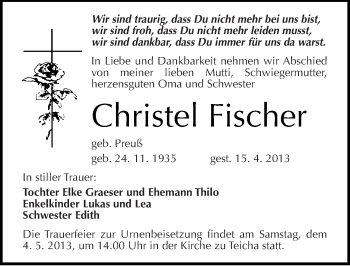 Traueranzeige von Christel Fischer von Mitteldeutsche Zeitung Halle/Saalkreis