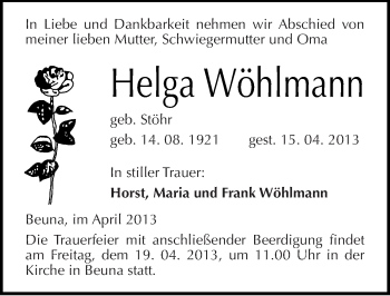 Traueranzeige von Helga Wöhlmann von Mitteldeutsche Zeitung Merseburg/Querfurt