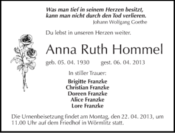 Traueranzeige von Anna Ruth Hommel von Mitteldeutsche Zeitung Halle/Saalkreis