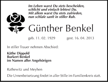 Traueranzeige von Günther Benkel von Mitteldeutsche Zeitung Naumburg/Nebra