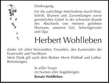 Traueranzeige von Herbert Wohlleben von Mitteldeutsche Zeitung Halle/Saalkreis