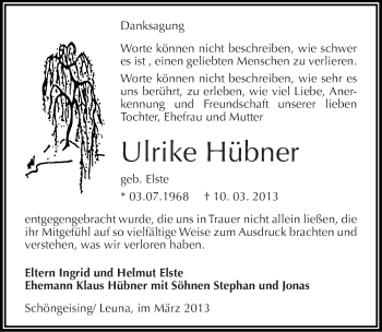 Traueranzeige von Ulrike Hübner von Mitteldeutsche Zeitung Merseburg/Querfurt