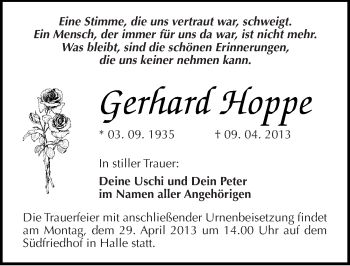 Traueranzeige von Gerhard Hoppe von Mitteldeutsche Zeitung Halle/Saalkreis