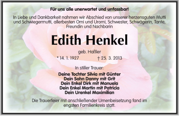 Traueranzeige von Edith Henkel von Mitteldeutsche Zeitung Halle/Saalkreis