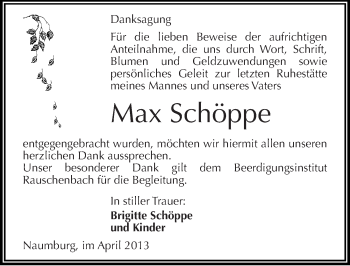 Traueranzeige von Max Schöppe von Mitteldeutsche Zeitung Naumburg/Nebra