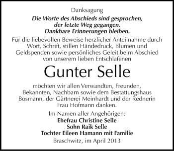 Traueranzeige von Gunter Selle von Mitteldeutsche Zeitung Halle/Saalkreis
