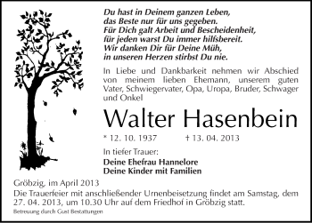 Traueranzeige von Walter Hasenbein von Mitteldeutsche Zeitung Köthen