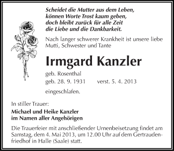 Traueranzeige von Irmgard Kanzler von Mitteldeutsche Zeitung Halle/Saalkreis