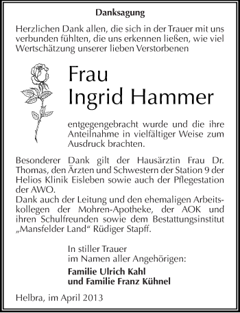 Traueranzeige von Ingrid Hammer von Mitteldeutsche Zeitung Aschersleben
