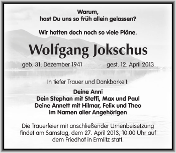 Traueranzeige von Wolfgang Jokschus von Mitteldeutsche Zeitung Merseburg/Querfurt