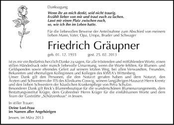 Traueranzeige von Friedrich Gräupner von Mitteldeutsche Zeitung Wittenberg
