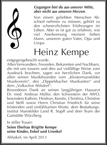 Traueranzeige von Heinz Kempe von Mitteldeutsche Zeitung Aschersleben
