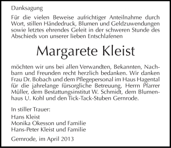 Traueranzeige von Margarete Kleist von Mitteldeutsche Zeitung Quedlinburg