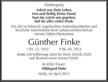 Traueranzeige von Günther Finke von Mitteldeutsche Zeitung Halle/Saalkreis