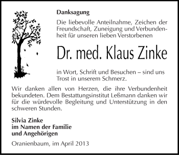 Traueranzeige von Klaus Zinke von Mitteldeutsche Zeitung Wittenberg