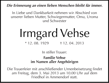 Traueranzeige von Irmgard Vehse von Mitteldeutsche Zeitung Halle/Saalkreis