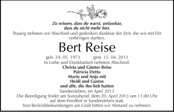 Traueranzeige von Bert Reise von Mitteldeutsche Zeitung Aschersleben