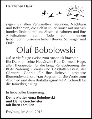 Traueranzeige von Olaf Bobolowski von Mitteldeutsche Zeitung Naumburg/Nebra
