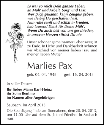 Traueranzeige von Marlies Pax von Mitteldeutsche Zeitung Naumburg/Nebra
