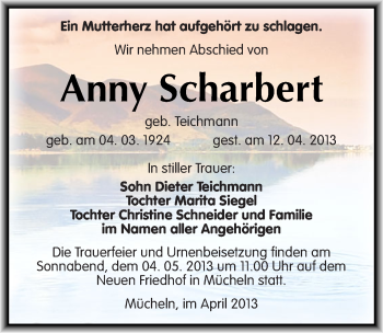 Traueranzeige von Anny Scharbert von Mitteldeutsche Zeitung Merseburg/Querfurt