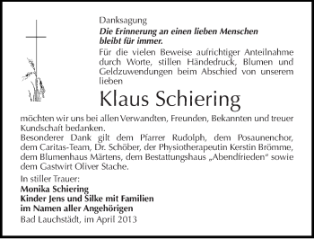Traueranzeige von Klaus Schiering von Mitteldeutsche Zeitung Merseburg/Querfurt