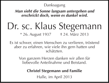 Traueranzeige von Klaus Stegemann von Mitteldeutsche Zeitung Halle/Saalkreis