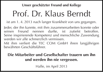 Traueranzeige von Klaus Berndt von Mitteldeutsche Zeitung Halle/Saalkreis