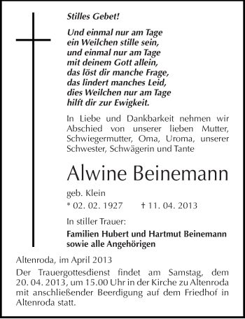 Traueranzeige von Alwine Beinemann von Mitteldeutsche Zeitung Naumburg/Nebra