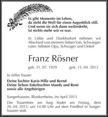 Traueranzeige von Franz Rösner von Mitteldeutsche Zeitung Sangerhausen