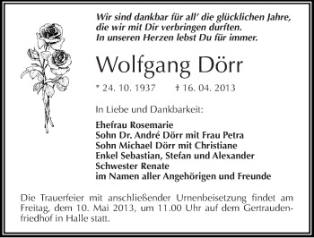 Traueranzeige von Wolfgang Dörr von Mitteldeutsche Zeitung Halle/Saalkreis