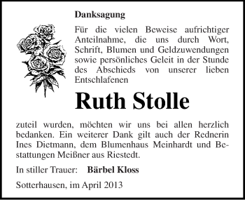 Traueranzeige von Ruth Stolle von Mitteldeutsche Zeitung Sangerhausen