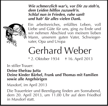 Traueranzeige von Gerhard Weber von Mitteldeutsche Zeitung Köthen