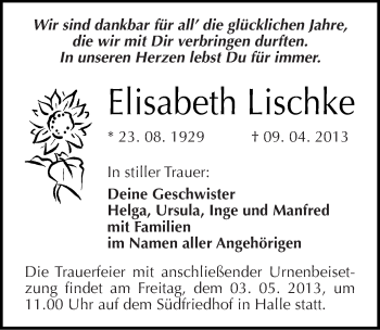 Traueranzeige von Elisabeth Lischke von Mitteldeutsche Zeitung Halle/Saalkreis