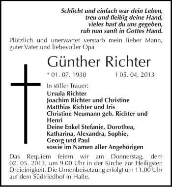Traueranzeige von Günther Richter von Mitteldeutsche Zeitung Halle/Saalkreis