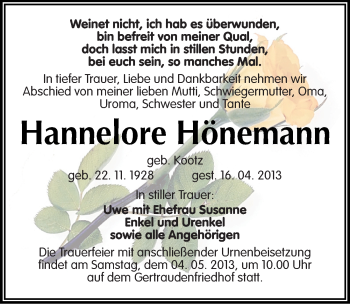Traueranzeige von Hannelore Hönemann von Mitteldeutsche Zeitung Halle/Saalkreis