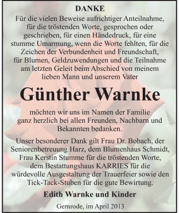 Traueranzeige von Günther Warnke von Mitteldeutsche Zeitung Quedlinburg