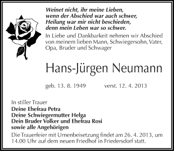 Traueranzeige von Hans-Jürgen Neumann von Mitteldeutsche Zeitung Bitterfeld
