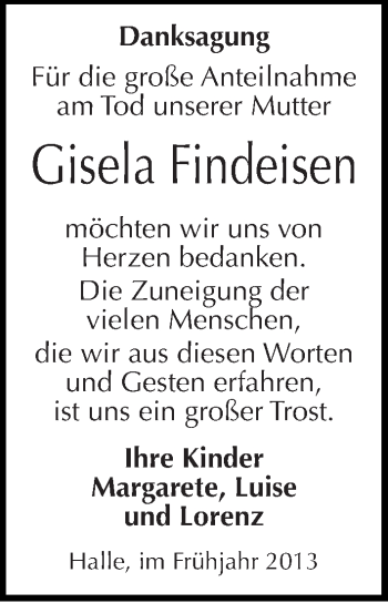 Traueranzeige von Gisela Findeisen von Mitteldeutsche Zeitung Halle/Saalkreis