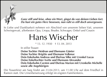 Traueranzeige von Hans Wischer von Mitteldeutsche Zeitung Bitterfeld