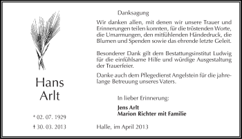 Traueranzeige von Hans Arlt von Mitteldeutsche Zeitung Halle/Saalkreis