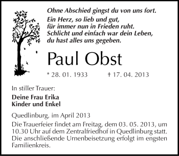 Traueranzeige von Paul Obst von Mitteldeutsche Zeitung Quedlinburg